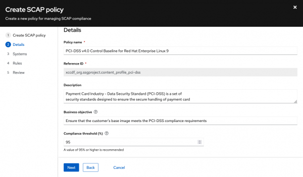 Screenshot of creating policy details for a new policy in Insights Compliance