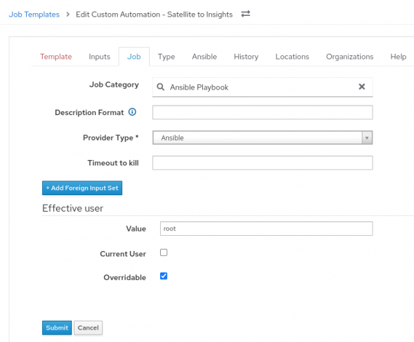 Figure 5 - Job template configuration in Satellite