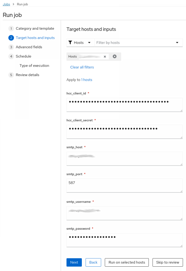 Figure 5 - Target hosts and inputs configuration for a job template execution in Satellite