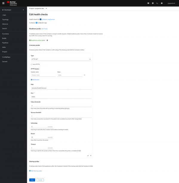 Picture of OpenShift page to add health checks with information for liveness probe filled in.