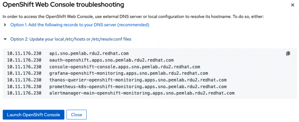 OpenShift node login window.