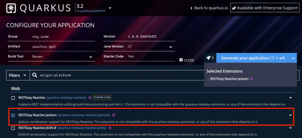 The RESTEasy Reactive Jackson extension is marked on the Quarkus generator page.