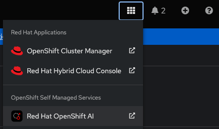 Red Hat OpenShift AI console drop-down menu.