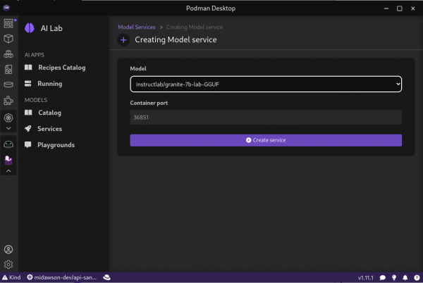 Picture of the podman AI lab Service page for creating a service with the granite model specified and port 36851 as the container port