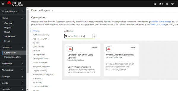 A view of searching for OpenShift Serverless within OperatorHub.