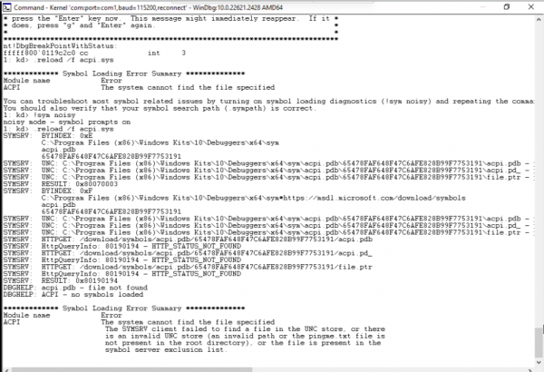 The WinDbg server returns a "Symbol Loading Error."