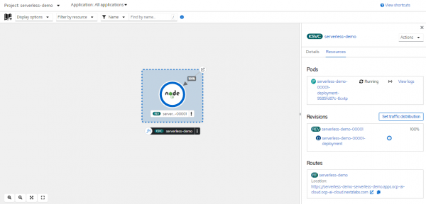 A view of the serverless application in the OpenShift console showing one pod running after receiving a request.