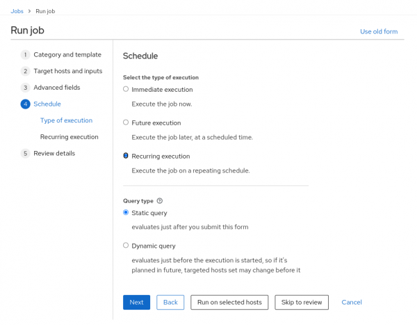 Figure 6 - Scheduling configuration in Red Hat Satellite for Job Templates execution