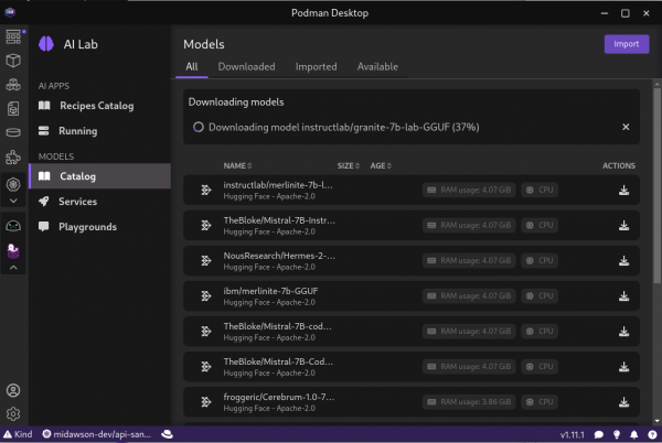 Picutre of Podman AI lab Catalog page listing the models that can be downloaded, with the granite model being actively downloaded.