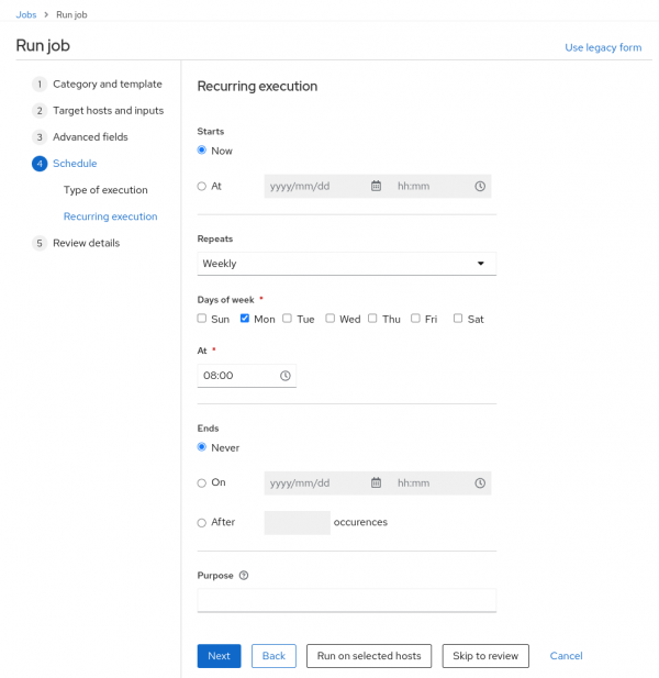 Figure 7 - Recurring execution configuration in Red Hat Satellite for Job Templates execution