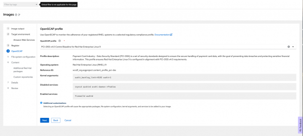 Red Hat Insights screenshot highlighting OpenSCAP step in image builder wizard with the summary of the profile, the required services to be enabled and disabled and additional kernel arguments