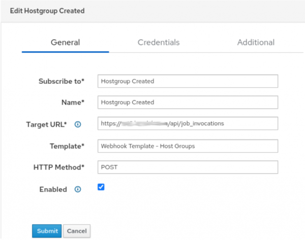 Figure 7 - Hostgroup Created webhook configuration in Satellite