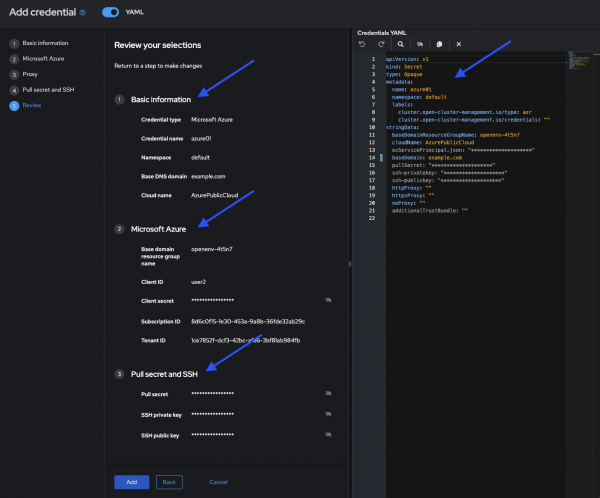 A screenshot the Azure credentials in the Review section.
