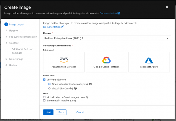 A screenshot of VMware vSphere on RHEL image builder.