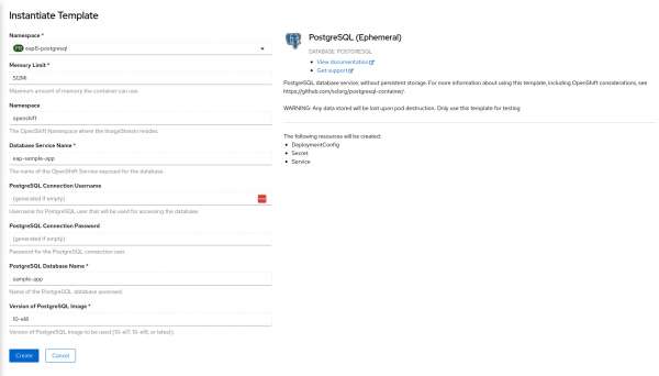 The PostgreSQL template form.