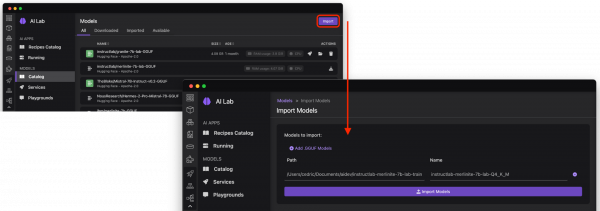 The InstructLab model being imported into Podman AI Lab