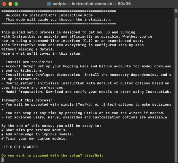 CLI terminal showing InstructLab's interactive mode guided setup process