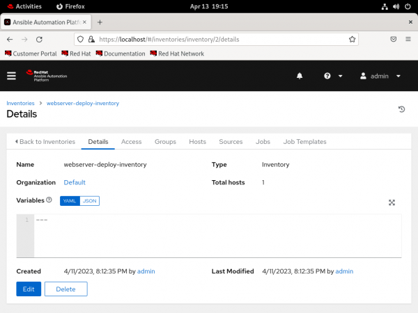 A screenshot of the inventory details page in Ansible.