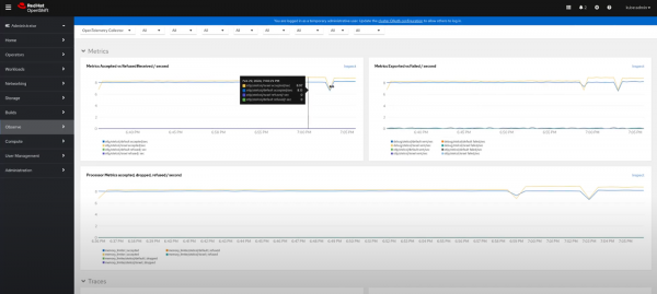 OpenTelemetry collector dashboard with the navigation menu on the left.