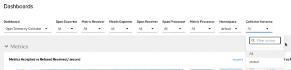 A view of the filtering options in the OpenTelemtry collector dashboards.