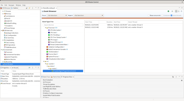 The custom events in a recording in JDK Mission Control.