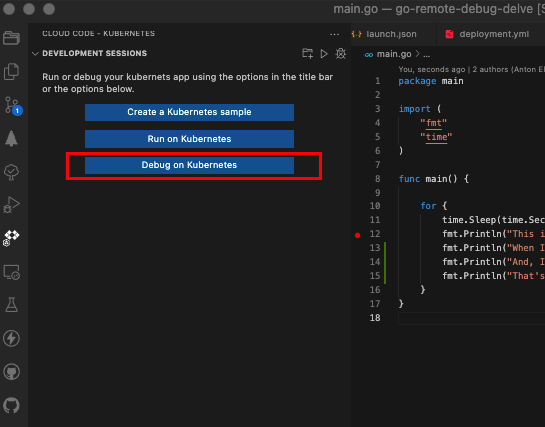 The Debug on Kubernetes button is available in the Cloud Code extension.