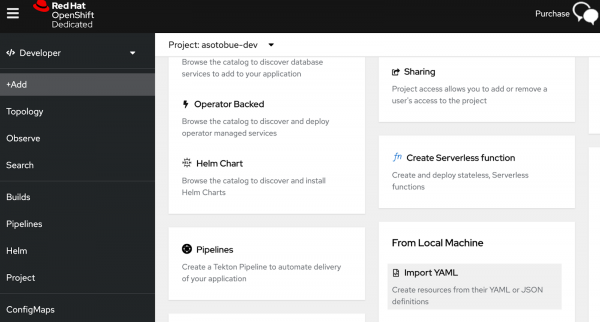 The Import YAML option is shown in the Developer Sandbox UI.