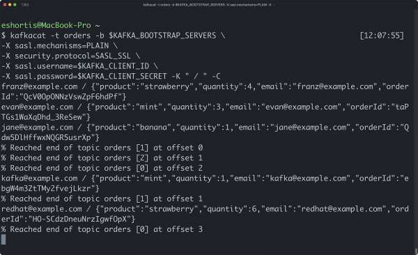 Kafkacat output shows the user's email address as the key and the order information in JSON as the message value.