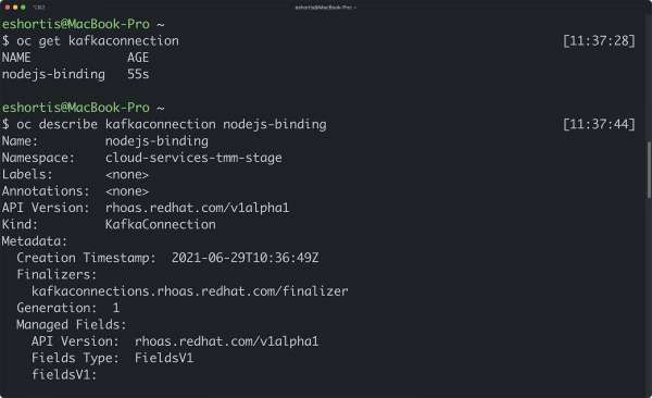 KafkaConnection custom resource information is being rendered in a terminal using the OpenShift CLI.