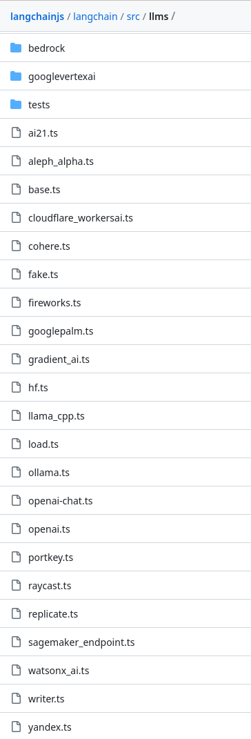 Picture of langchainjs GitHub directory langchainjs/langchain/src/llms showing greater than 20 llms supported including watsonx_ai, ollama, openai and llama_cpp