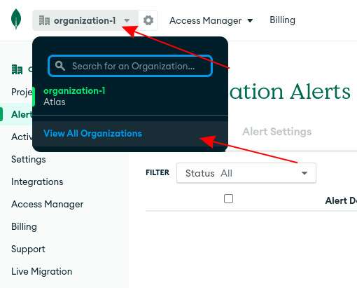 MongoDB Atlas provides a dropdown menu where you can view all organizations in your MongoDB Atlas account.