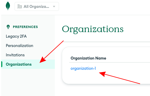 On the dashboard of MongoDB Atlas, you can see all organizations in your MongoDB Atlas account.