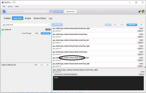 Picture of Mqqt client UI showing client subscribed to all events under the top level gas_station topic and displaying messages that were published to topic configured for specific edge device