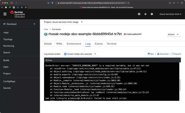 Logs from the Node.js application report when the SERVICE_BINDING_ROOT environment variable is missing.