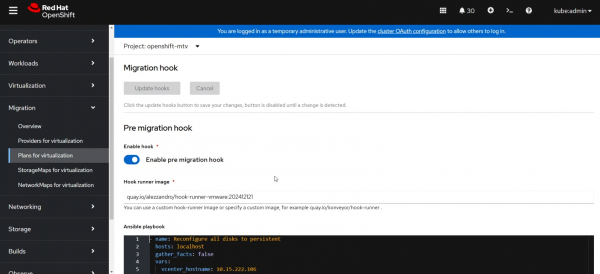 Migration Toolkit for Virtualization: Ansible pre hook