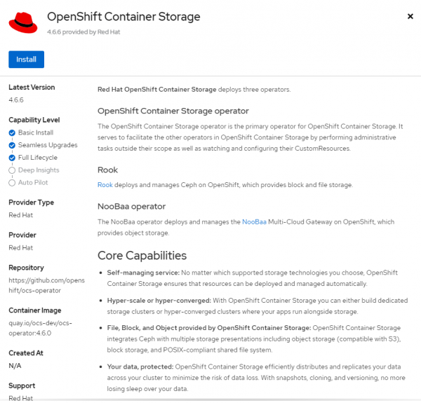 Screenshot of the OpenShift Container Storage operator installation screen in the OpenShift dashboard.