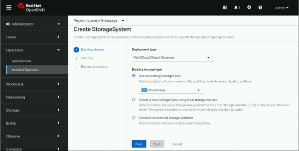 A view of the installed operators page in the Red Hat OpenShift web console. There is a navigation menu on the left side of the page.This page illustrates the final step configuring the StorageSystem from OpenShift Data Foundation.