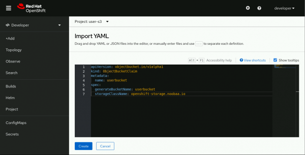 A view of the Import YAML page in the Red Hat OpenShift web console that appears after clicking +Add then Import from YAML. There is a navigation menu on the left side of the page.