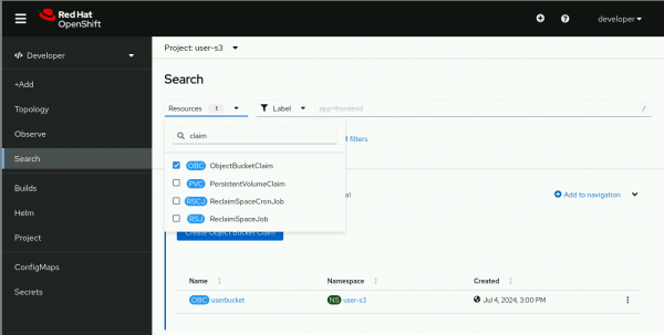 A view of the Search page in the Red Hat OpenShift web console. There is a navigation menu on the left side of the page.