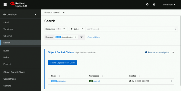 A view of the Search page in the Red Hat OpenShift web console. Object Bucket Claim is now visible in the left-hand menu as well.