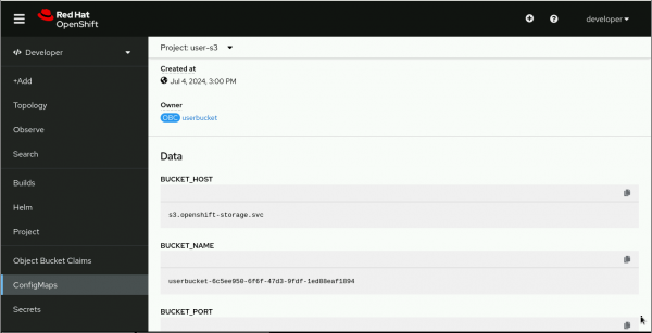 A view of the ConfigMaps page in the Red Hat OpenShift web console.