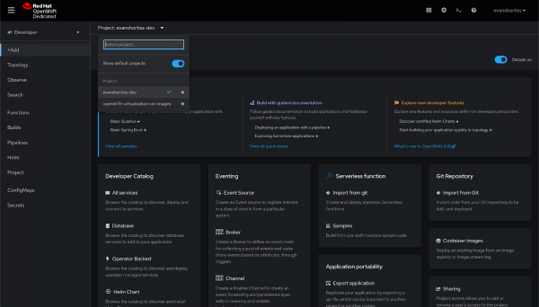 The OpenShift Console showing the user's Project and Add menu.