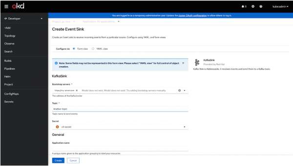 The form-based creation flow for KafkaSink.