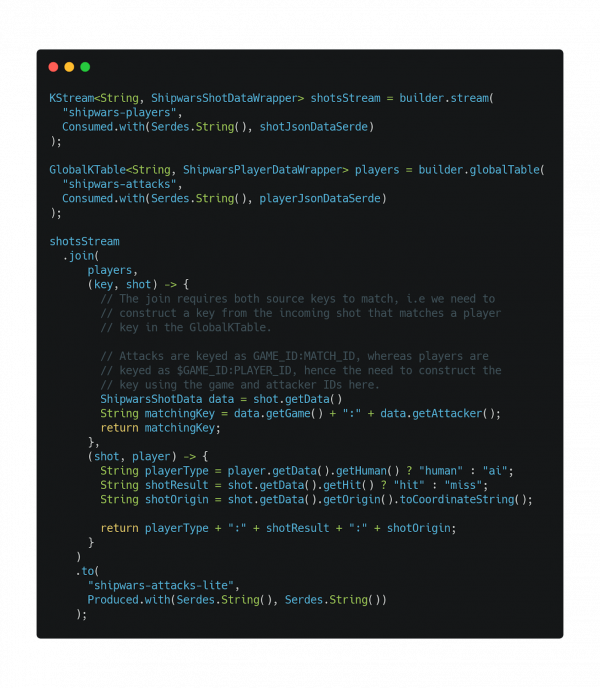 The enricher is a Kafka Streams application that performs a KStream-GlobalKTable join and writes the join result to a new Kafka topic.