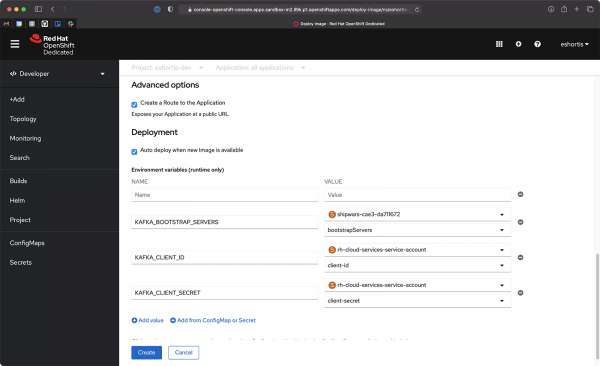 The Deployment screen in the OpenShift console can configure the Kafka Streams enricher application.