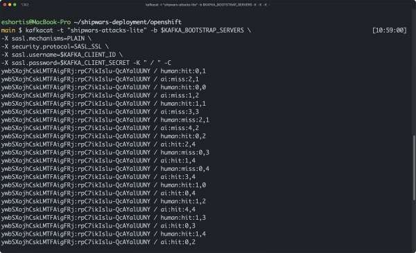 The kafkacat CLI can show enriched shots. All the shots displayed in this screenshot are from the same match between an AI player and a human player. 