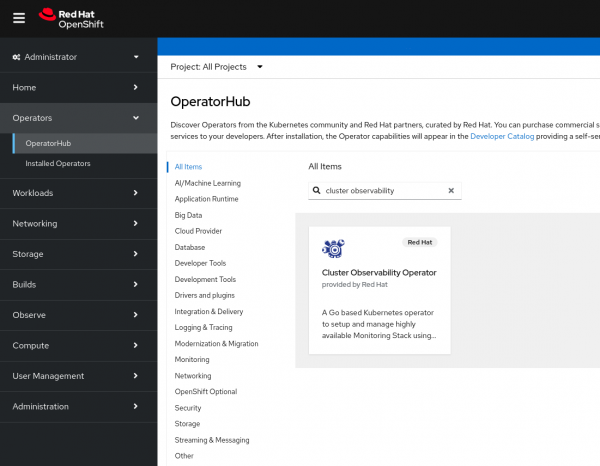 Red Hat OpenShift OperatorHub Cluster Observability Operator installation