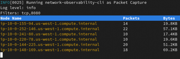 CLI packet capture terminal displaying packets captured per node