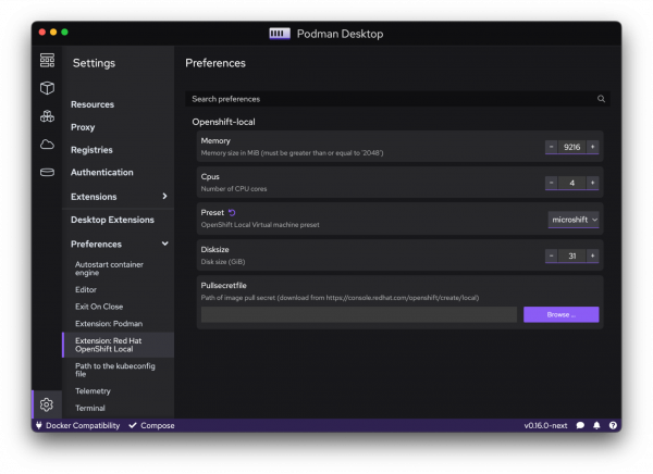 Installing the OpenShift Local extension from the Settings page in Podman Desktop.