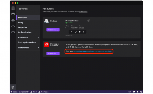 Podman Desktop Developer Sandbox signup